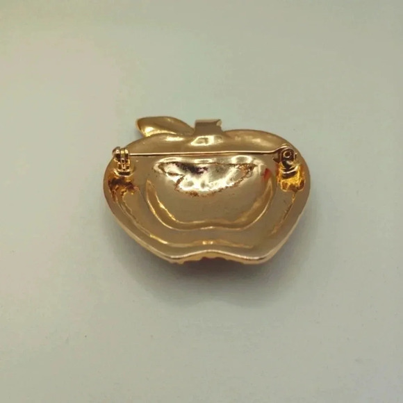 Fashion Apple Brooch Gold Tone Textured w/ Floral Border Teacher - Picture 7 of 11